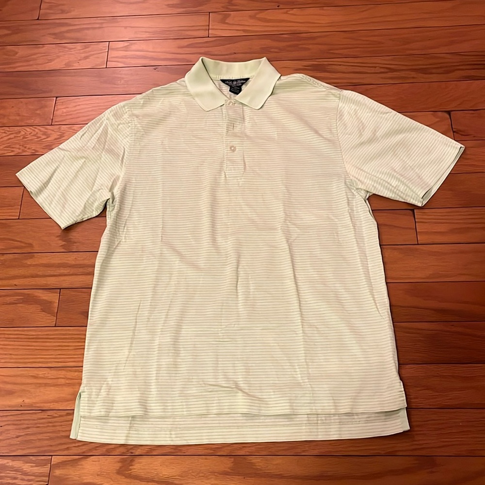 Brooks Brothers Polo Shirt Mens Medium Green Striped Performance Knit Cotton